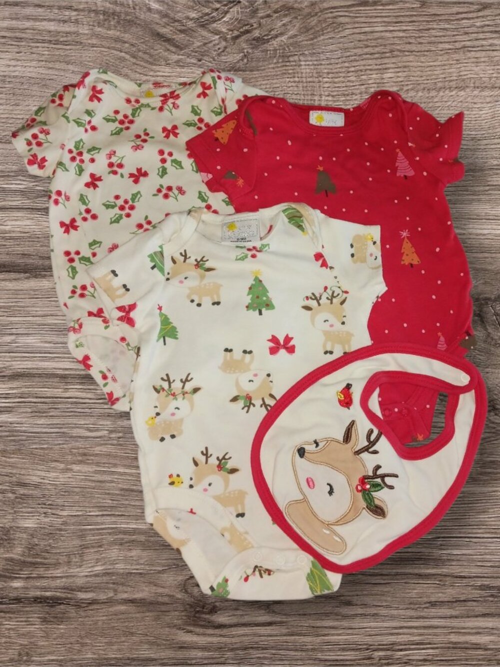 Little Chickadees 6-9 Months Christmas Bodysuit Bundle with Reindeer Bib Lot of